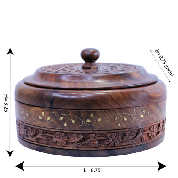 WILLART Handicraft Wooden Stainless Steel Bread Chaoati Casserole with Copper Finish Design; 1200 ml (Brown; 9 X 9 X 3.5 Inch ) - Image 5